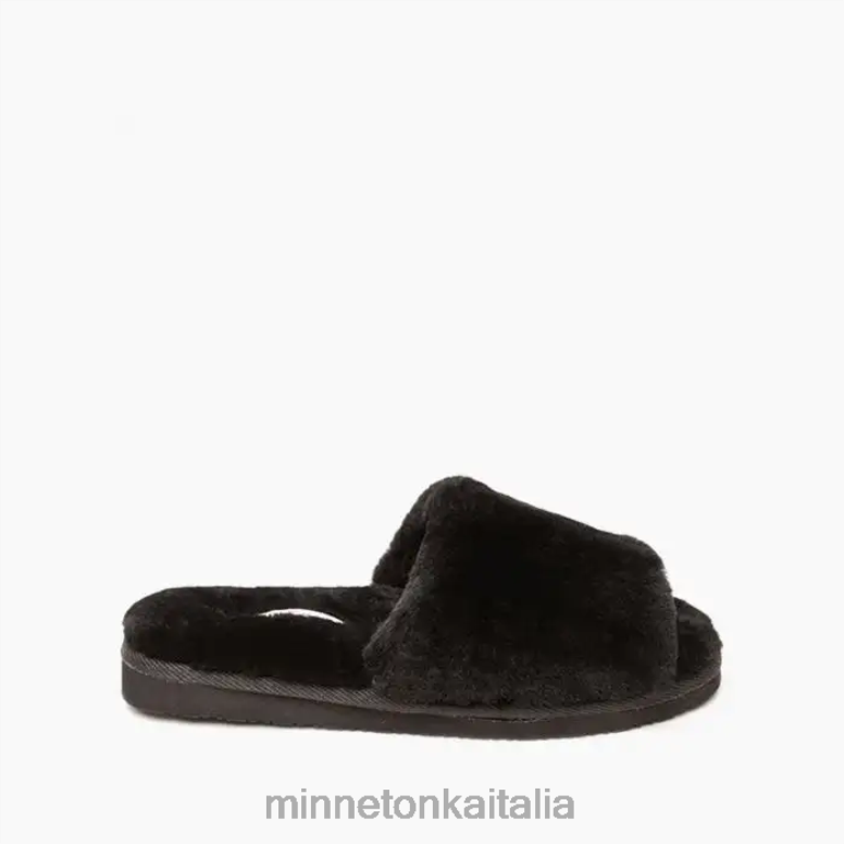 Minnetonka scivolo aperto in pelle di pecora donne nero calzature R864L258