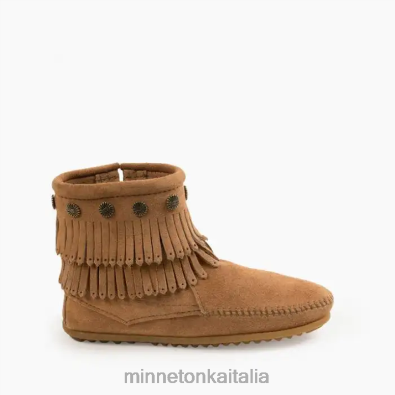 Minnetonka stivale con zip laterale con doppia frangia donne tortora calzature R864L23