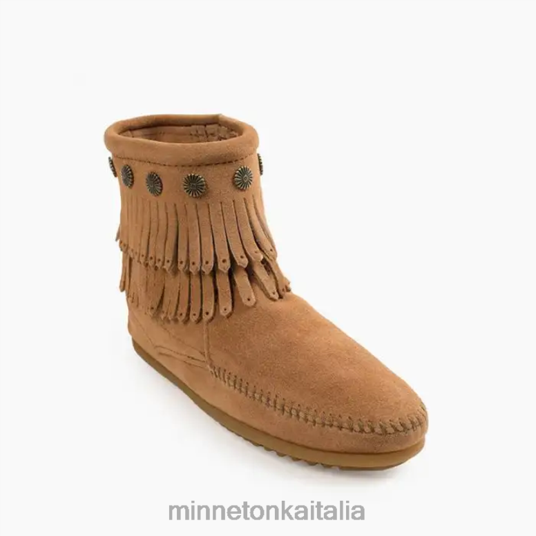 Minnetonka stivale con zip laterale con doppia frangia donne tortora calzature R864L23